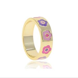 Flower Power Floral Spring Gold Plated Ring with Pink and Purple Flowers Size 9